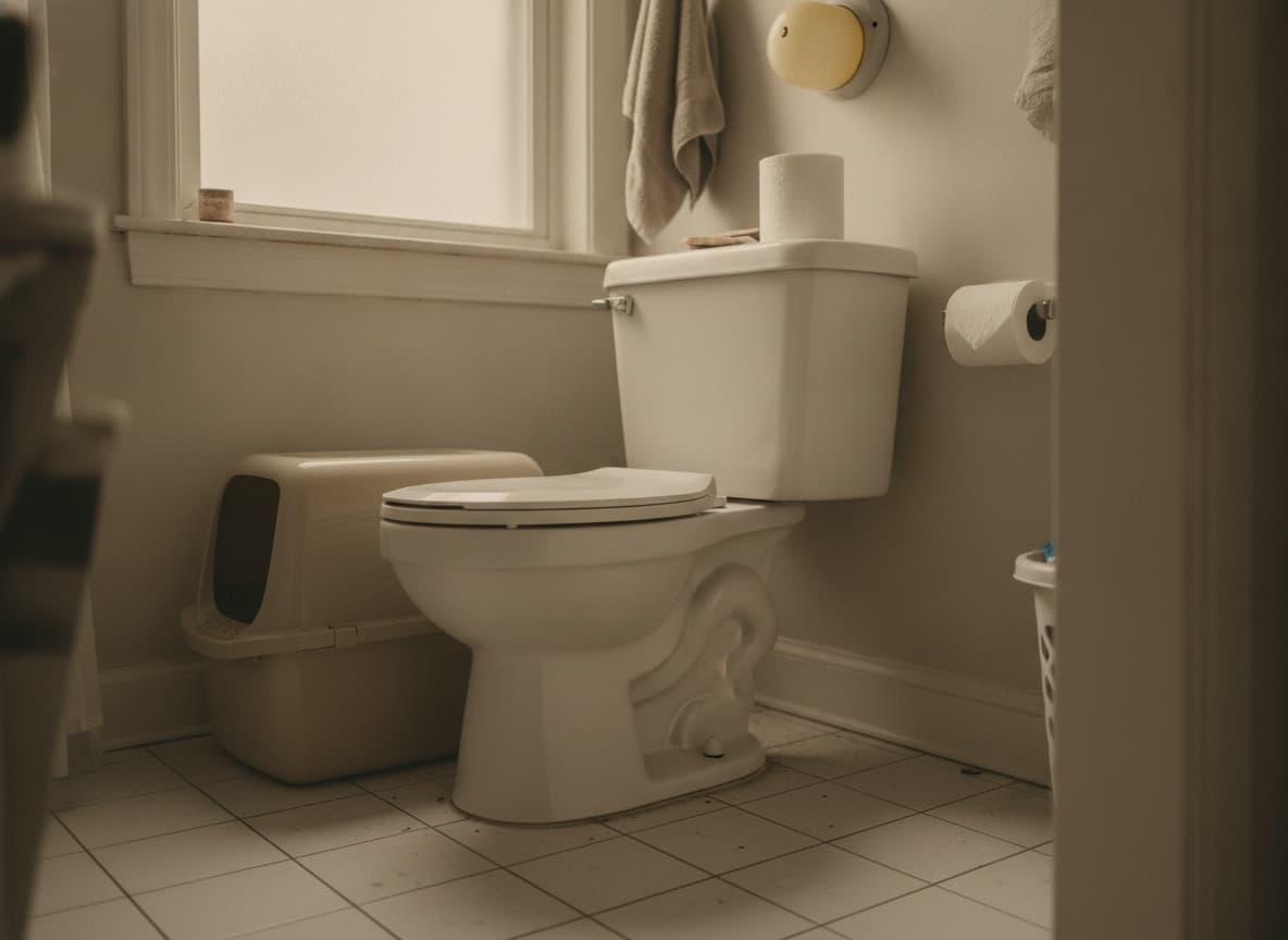 A covered plastic litter box crammed in a bathroom corner.