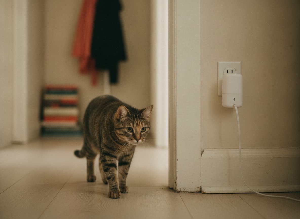 An unmarked white plug-in diffuser in a hallway outlet, a cat walking past it.