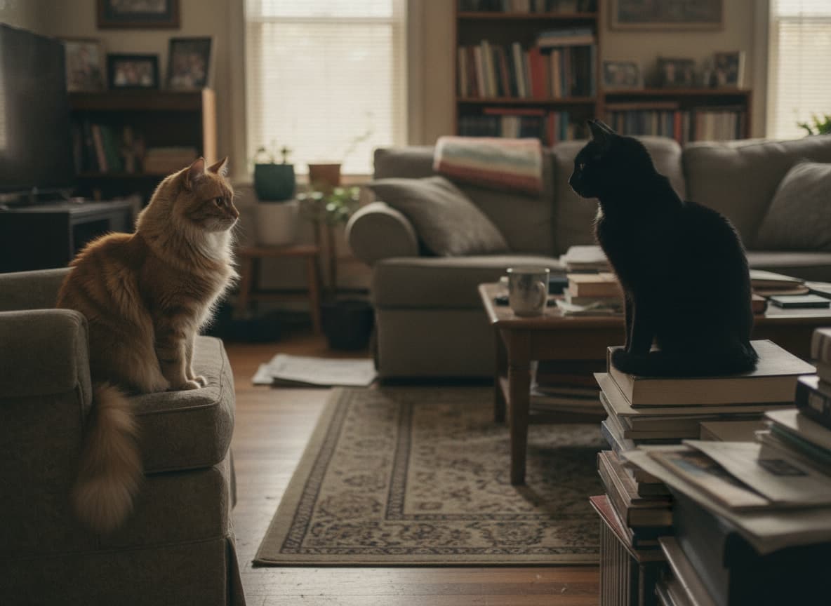 Two cats staring at each other across a living room. Tension, not a fight.