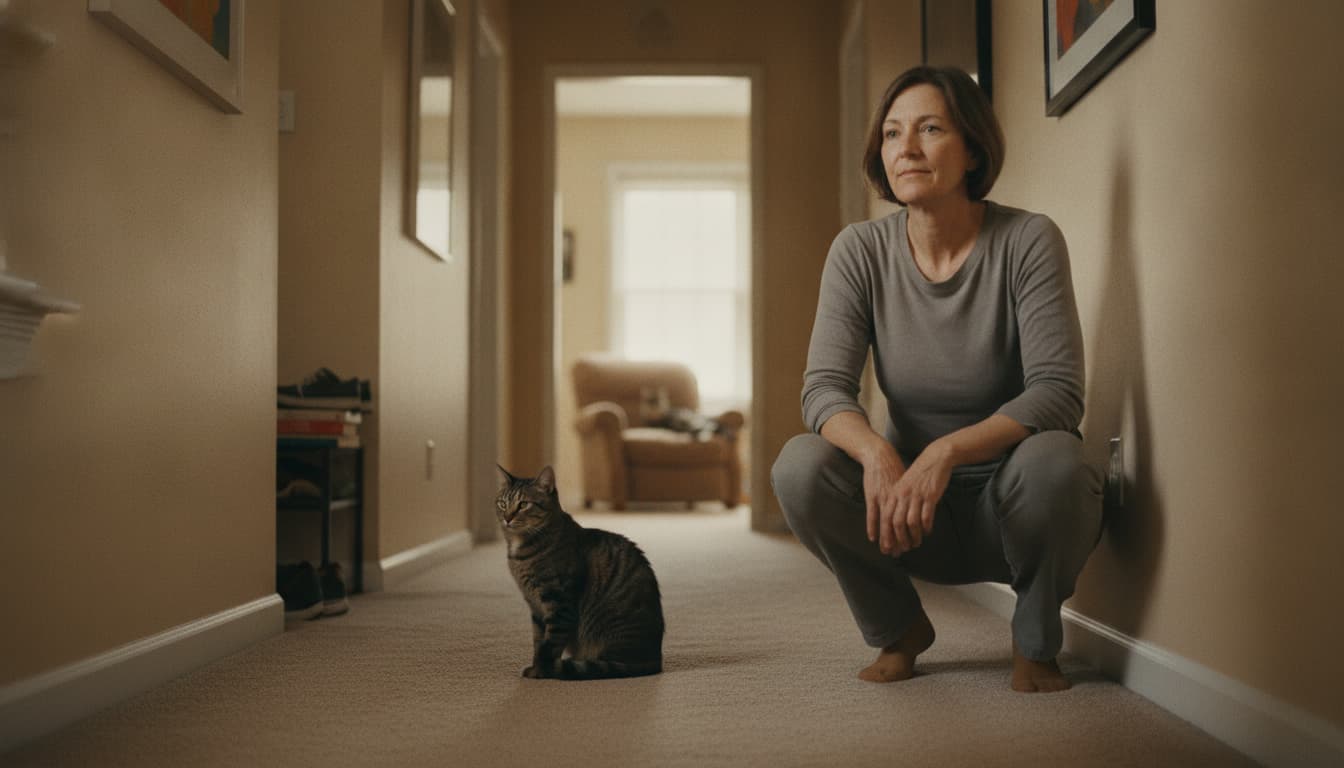 A woman crouched calmly in a hallway, two cats visible at different distances.