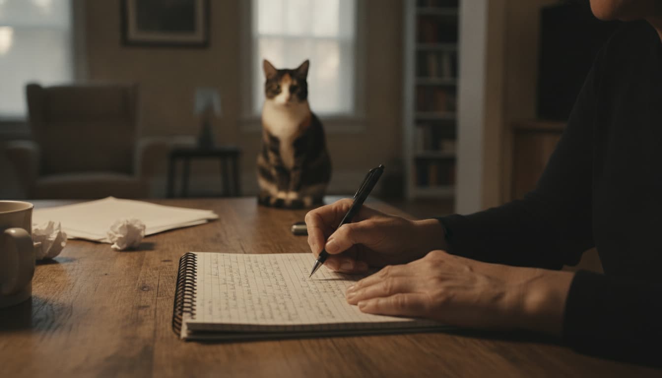 Hands writing in a ruled notebook on a table, a cat out of focus in a doorway behind.