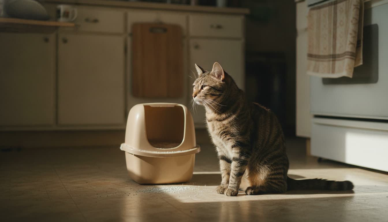 A tabby sitting on kitchen linoleum near an uncovered litter box, looking off-frame.