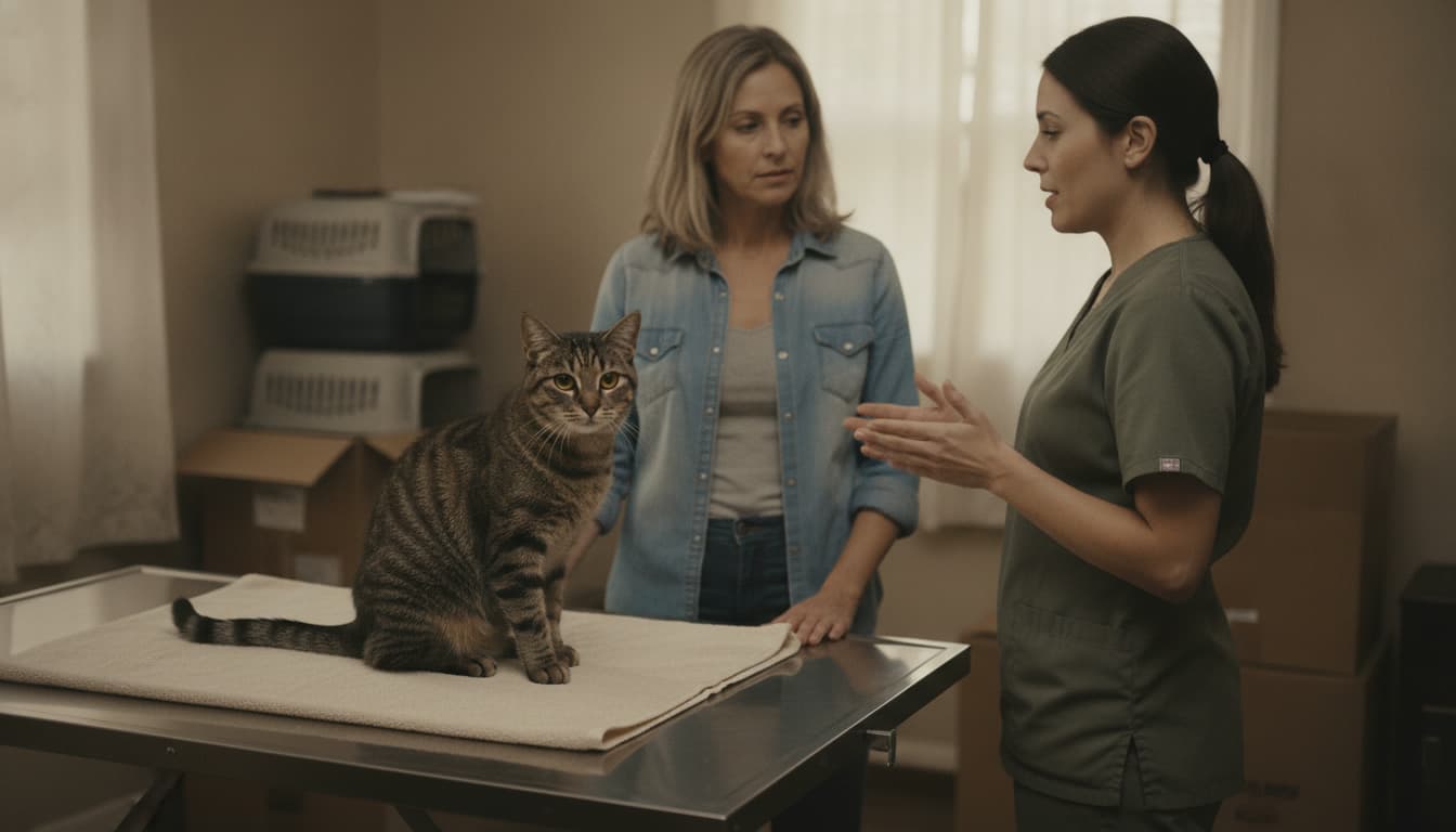 A cat on a towel on a veterinary exam table, owner standing beside, vet in plain scrubs.