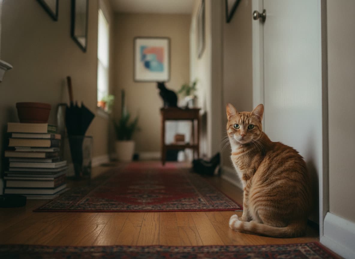 Two cats in the same hallway: one in a doorway, the other at the far end. The house is shared. The hallway is not.